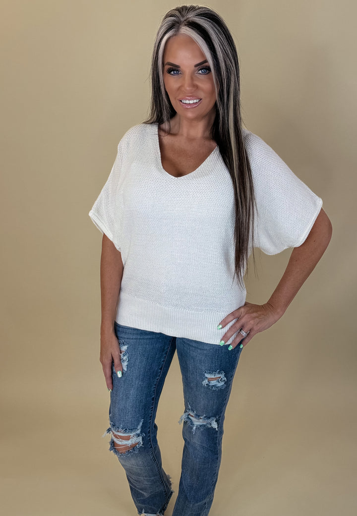 V Neck SS Dolman Top - white