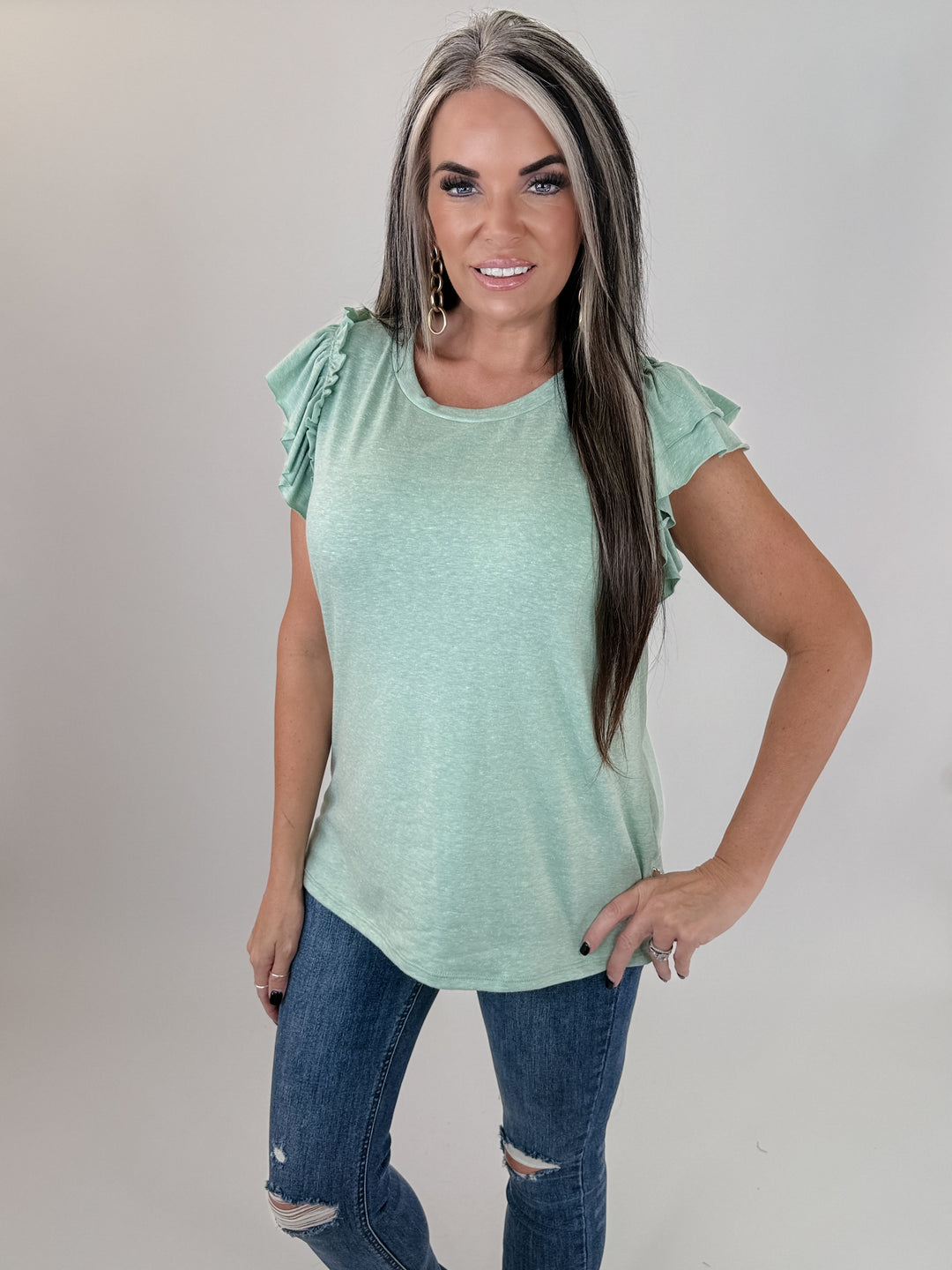 DOUBLE RUFFLE SLEEVE TOP - sage