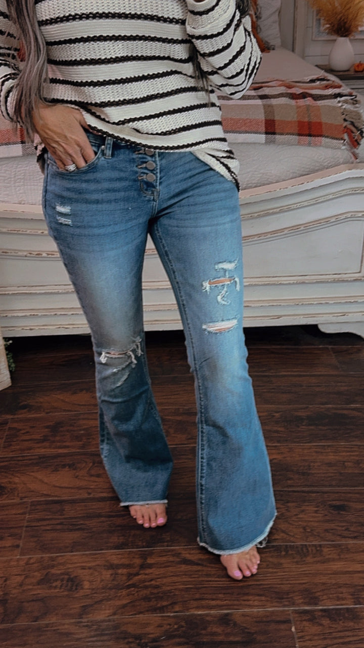 Camden Mid Rise Distressed Flares-