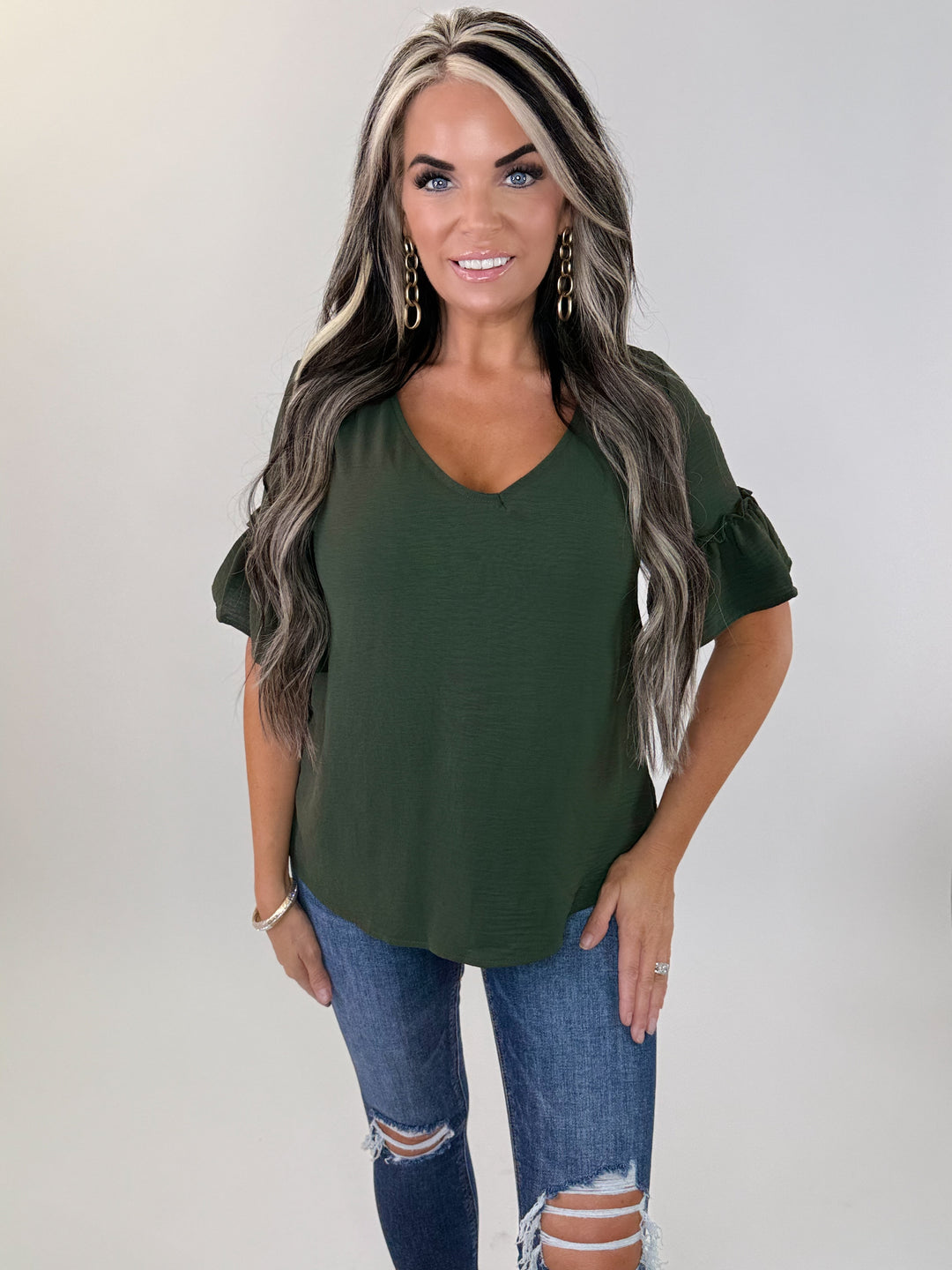 Olive Ruffle Sleeve Blouse