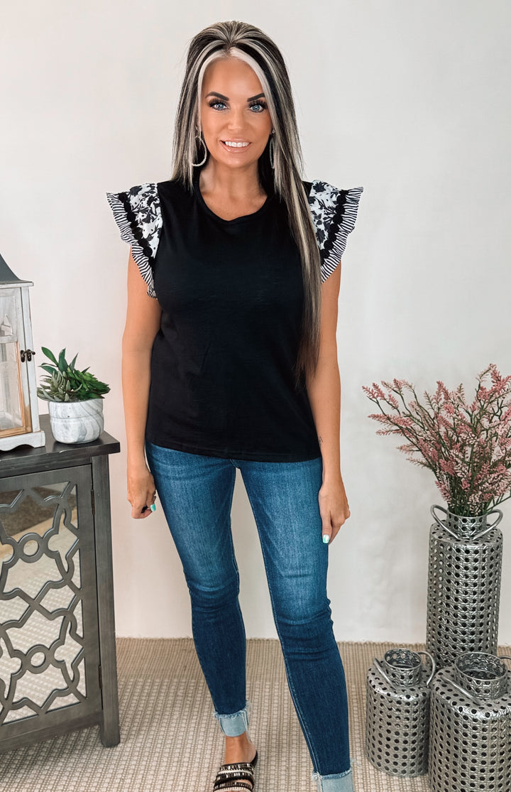 Ricrac Trim Printed Flutter Sleeve Contrast Patchwork Blouse