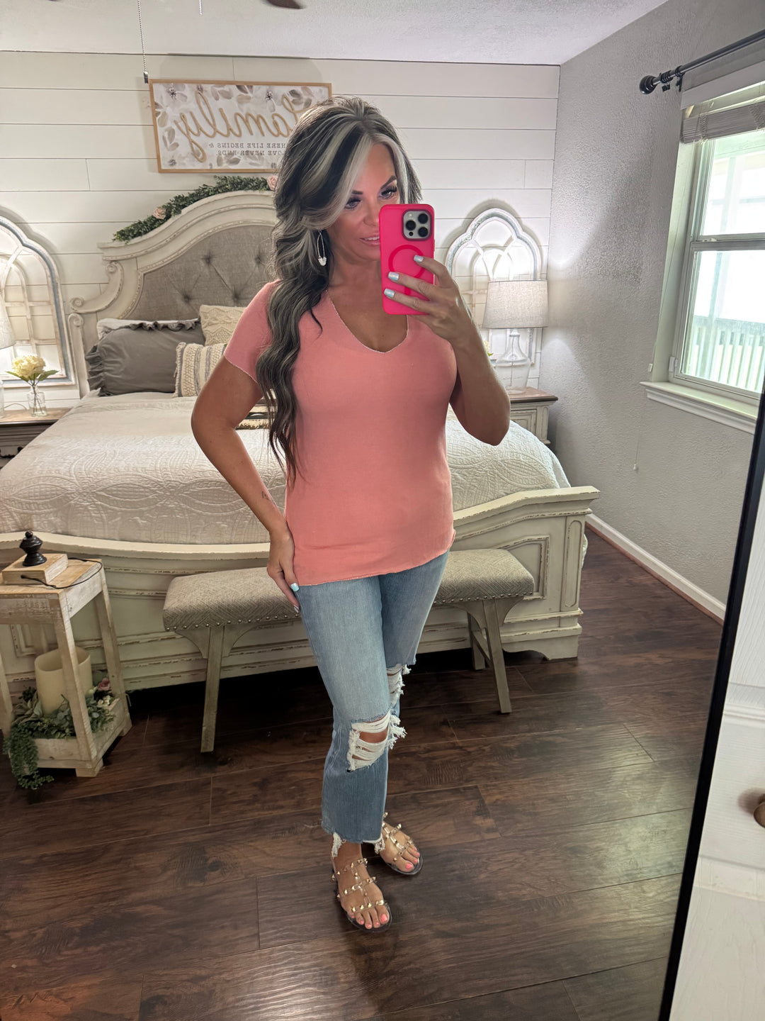 Sunset Shine Coral V-Neck Top