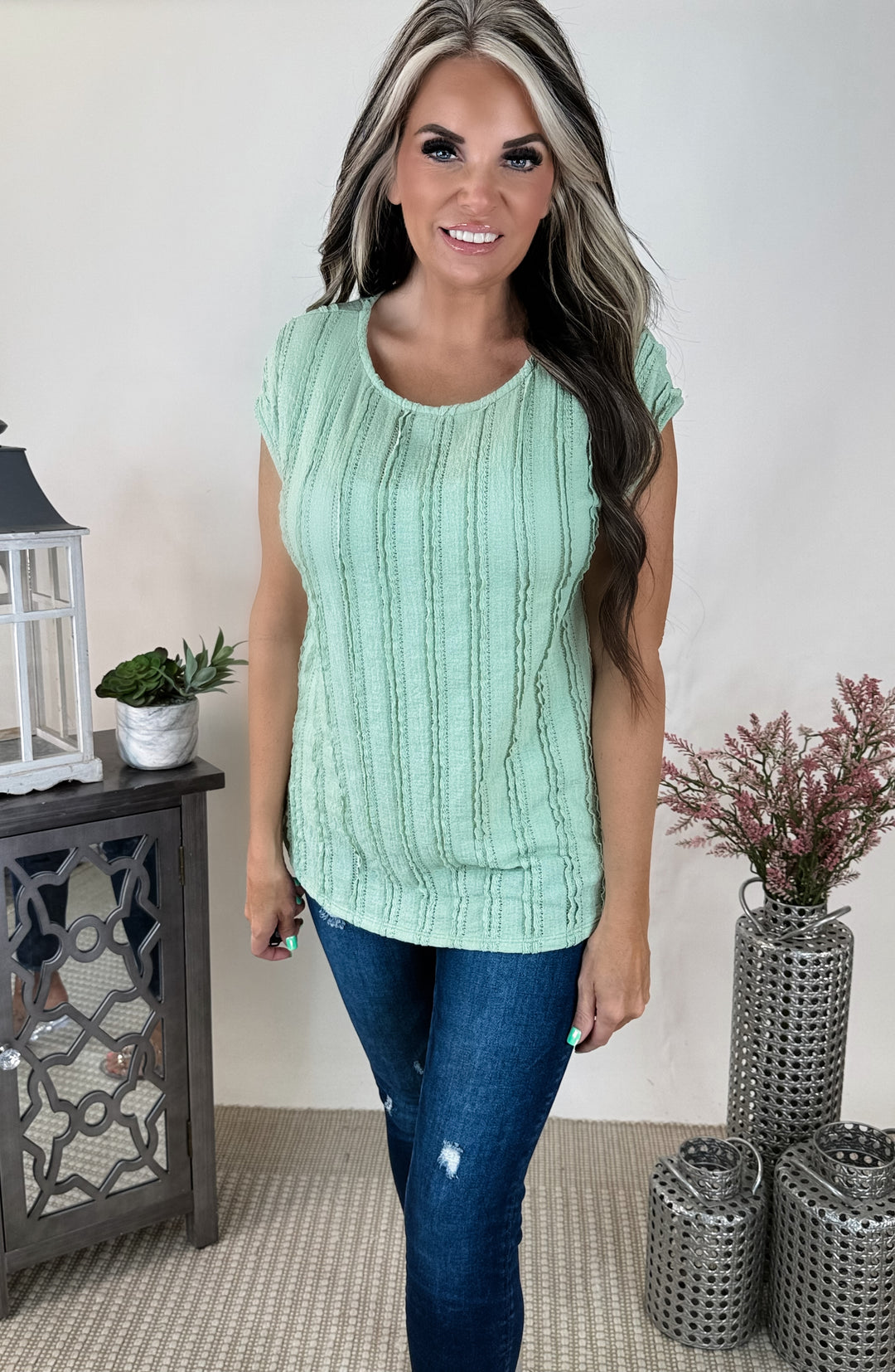 Lightweight Textured Cap Sleeves Blouse Sage green