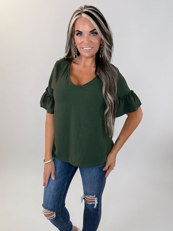 Olive Ruffle Sleeve Blouse