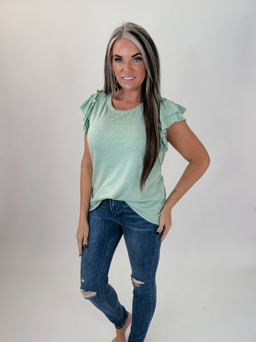 DOUBLE RUFFLE SLEEVE TOP - sage