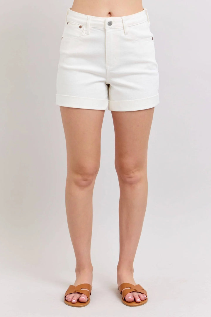 JUDY BLUE HIGH RISE DOUBLE ROLL CUFFED SHORTS IN WHITE