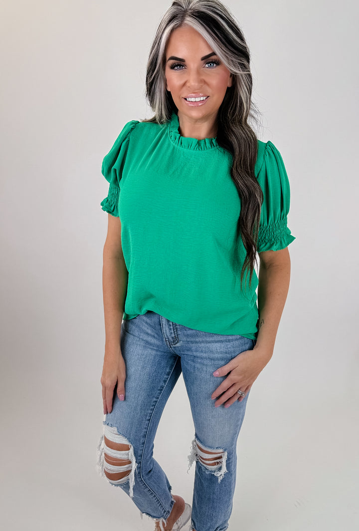 Kelly Green Smocked Sleeve Blouse