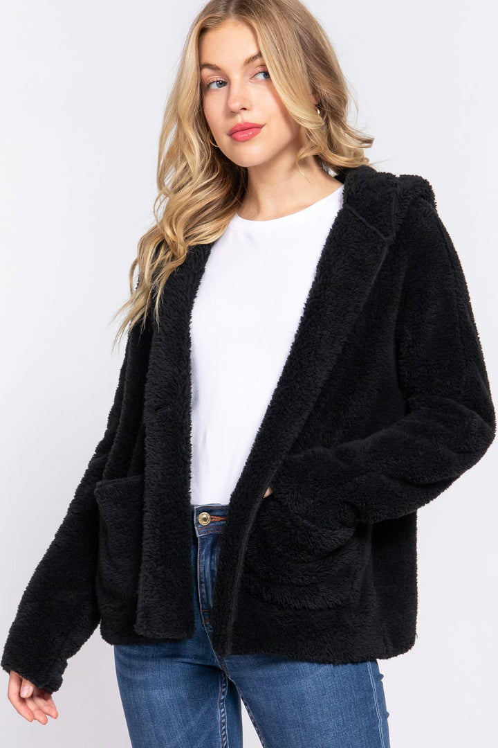 DOORBUSTER Long Dolman Sleeve Hoodie Sherpa Jacket: Blk-Black / L