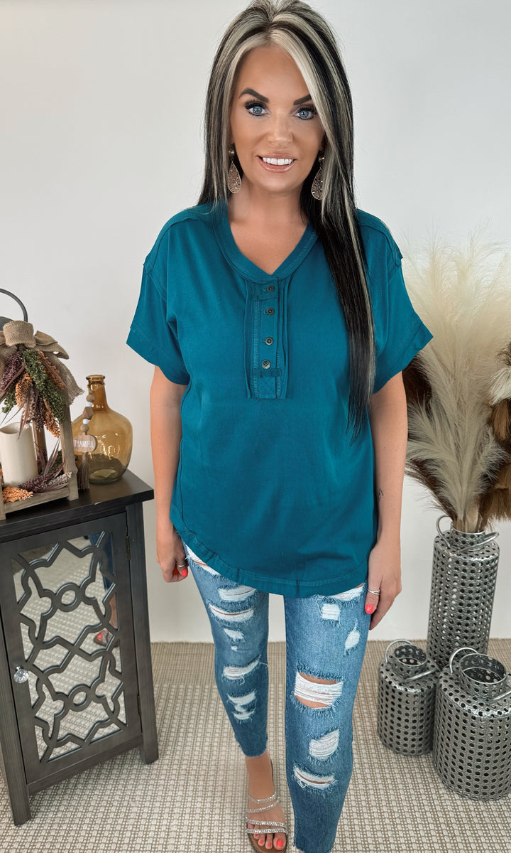 Raw Edge Detailed Button Closure Short Sleeve Top- Teal