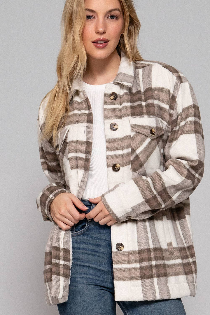 Long Sleeve Inside Faux Fur Brushed Plaid shacket