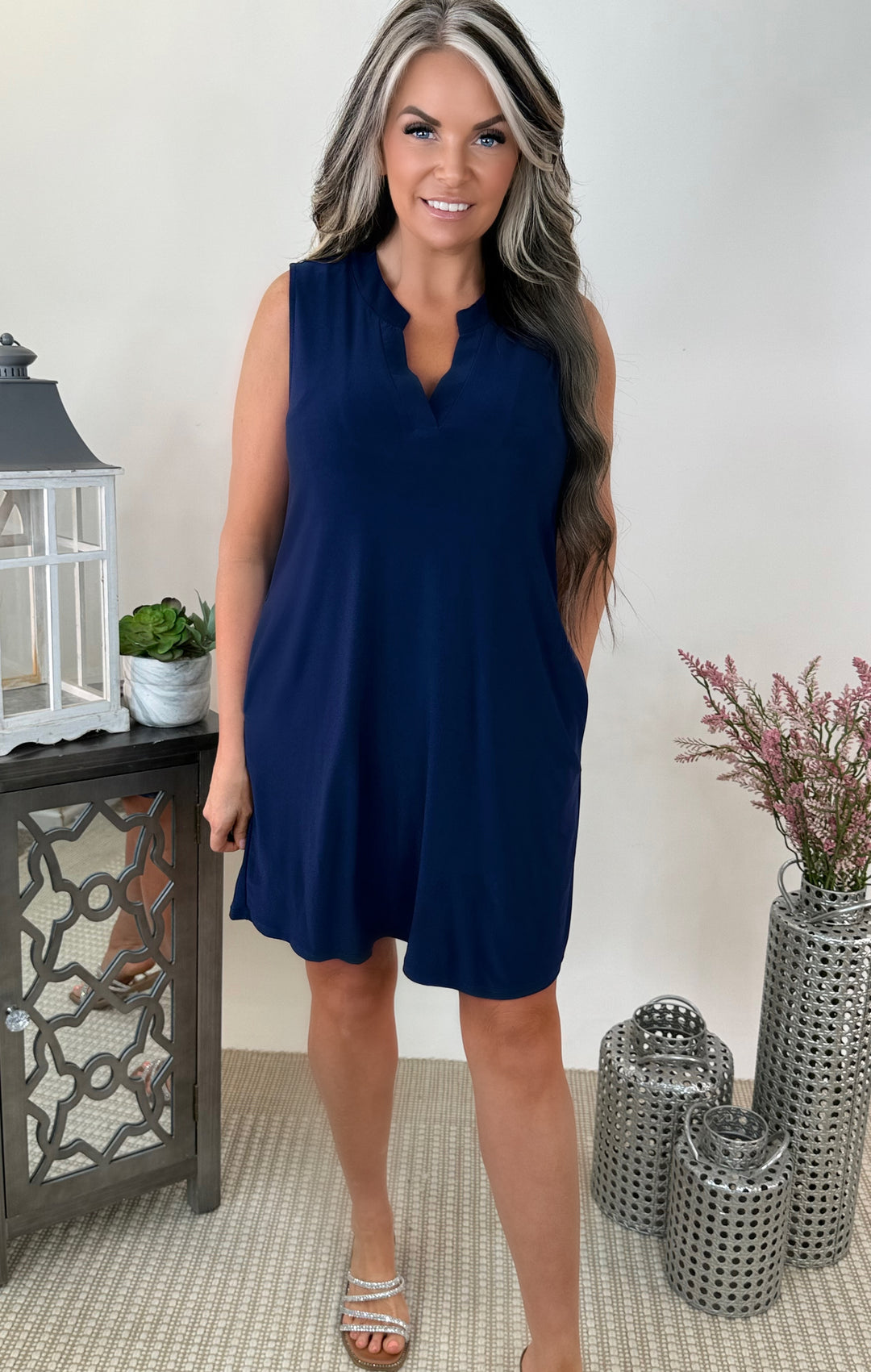 Doorbuster Notch Neck Wrinkle Free Dresses- Navy