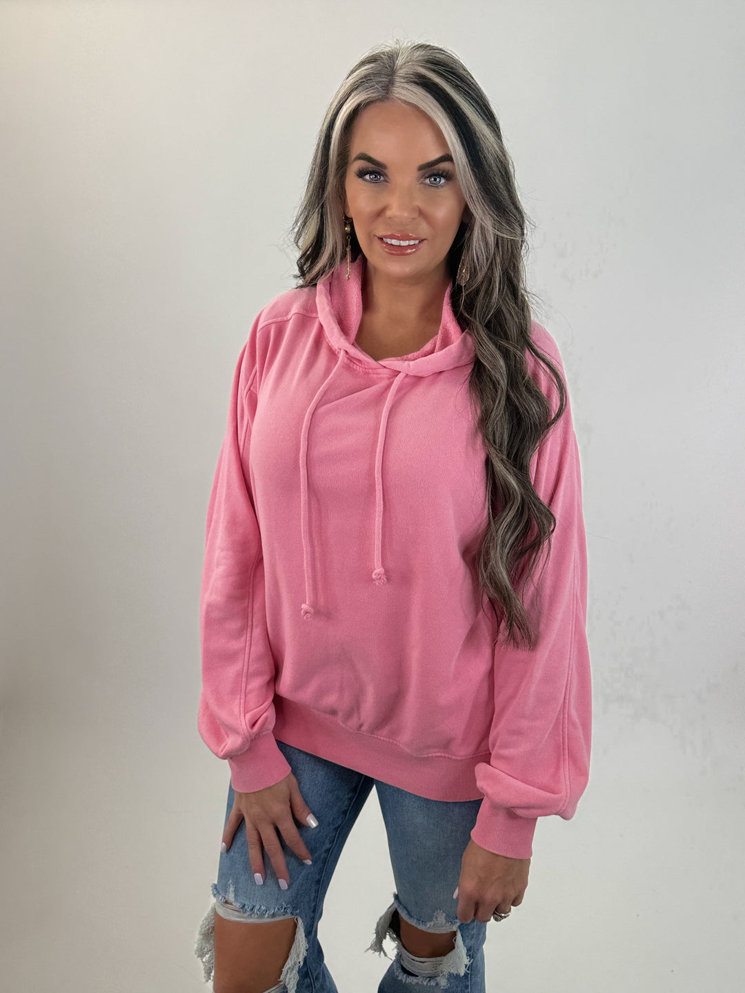 Mineral Washed Seam Detail Hoodie: TAFFY PINK