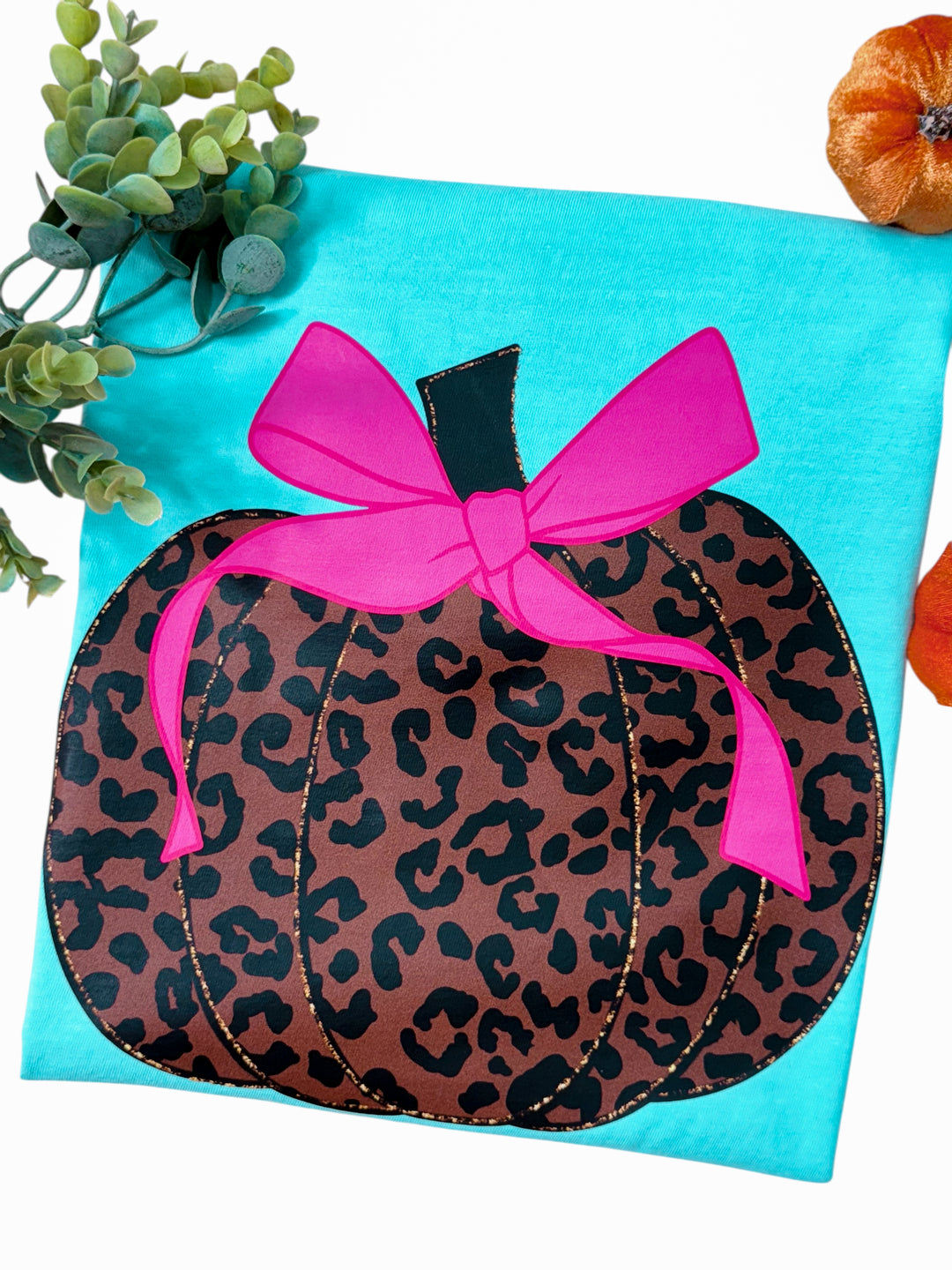 Aqua Pumpkin Tee (Leopard Print with Pink Bow) comfort color