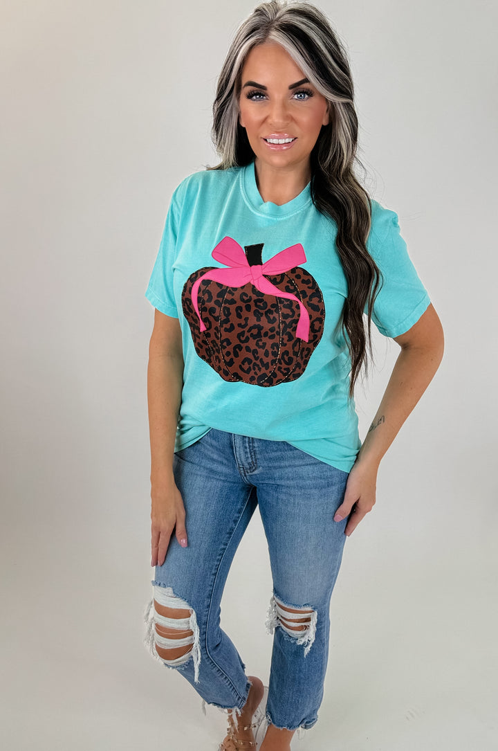 Aqua Pumpkin Tee (Leopard Print with Pink Bow) comfort color