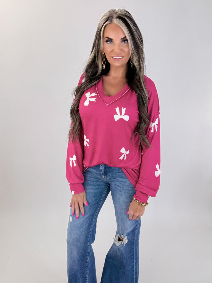 Bow Print V-Neck Top