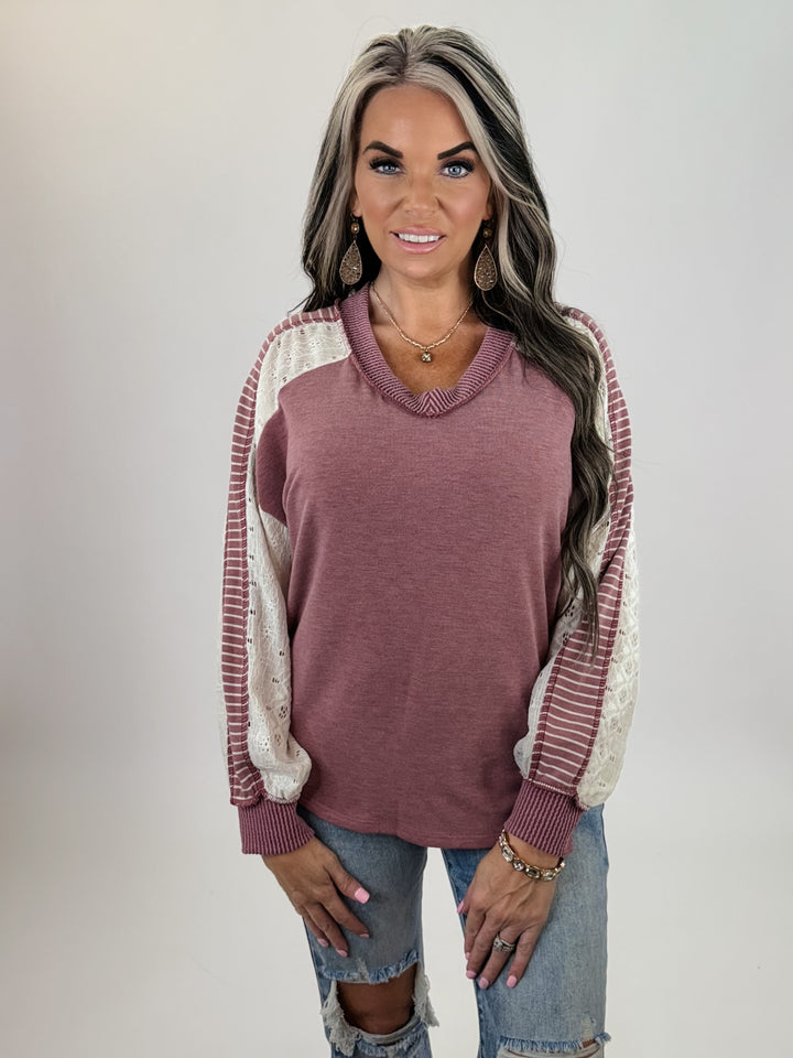 burgundy Lace & Stripe Sleeve Knit Top