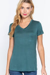 DOORBUSTER Short Sleeve V-neck Top with Pocket: Grn-Palm Leaf