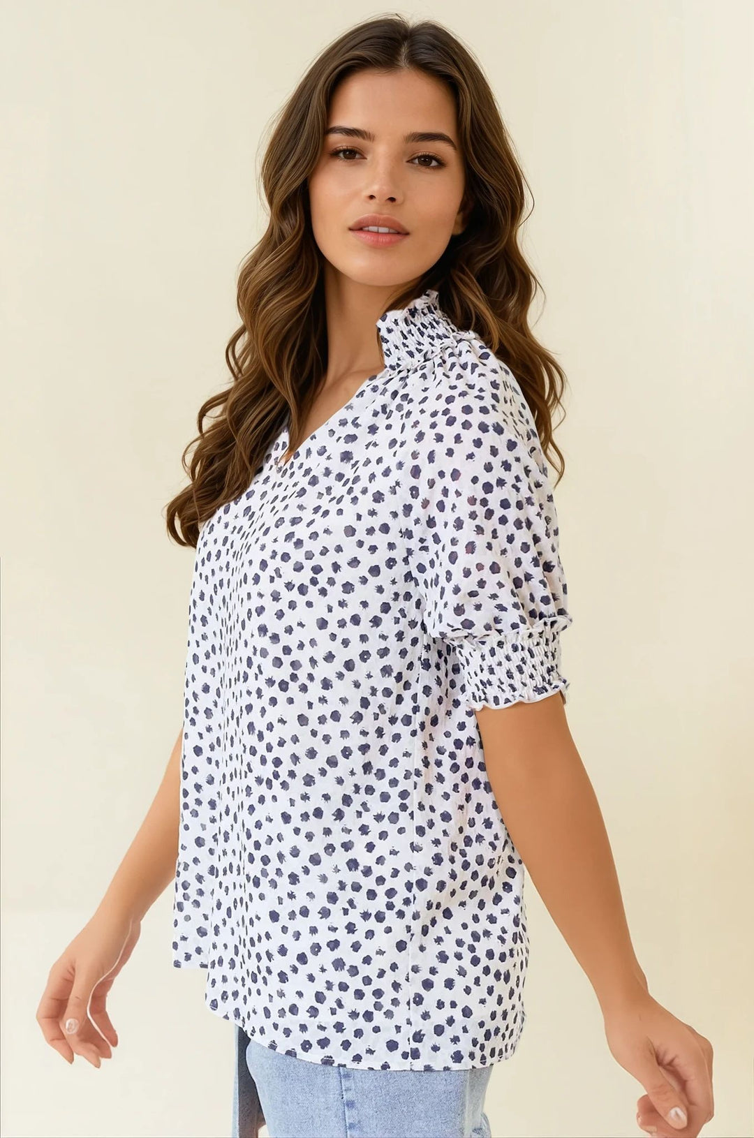 Dalmatian Ruffle Mock Neck Blouse