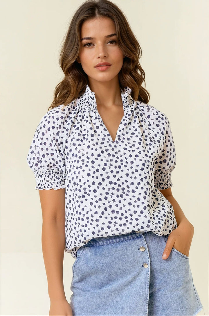 Dalmatian Ruffle Mock Neck Blouse