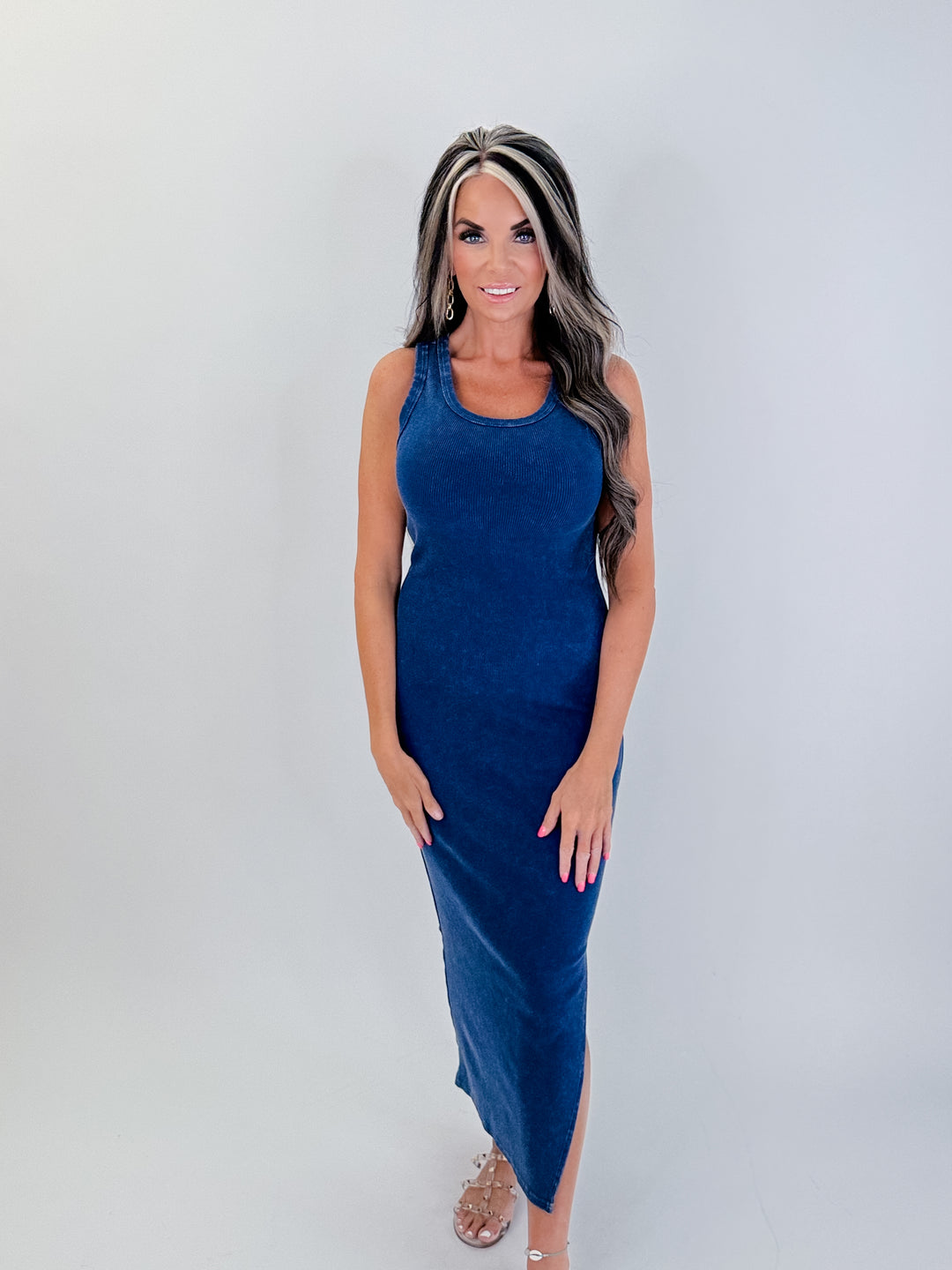 blue ribbed maxi dress 1970s Roncelli Sapphire Blue Ribbed Knit Maxi Dress