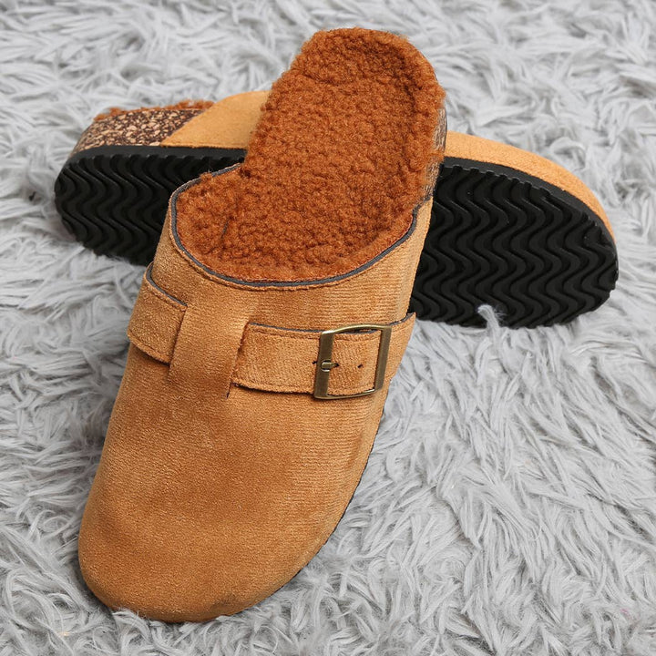 Solid Faux Fur Suede Buckle Mule Slippers: CAMEL / One Size