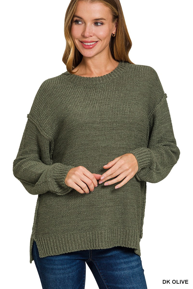 Exposed Seam Round Neck Sweater green