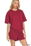 -Scuba Round Neck Top & Dolphin Shorts Set Cabernet
