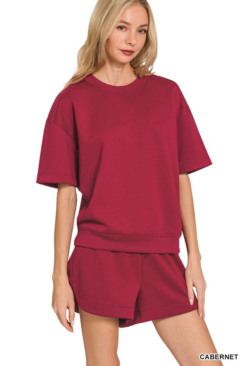 -Scuba Round Neck Top & Dolphin Shorts Set Cabernet