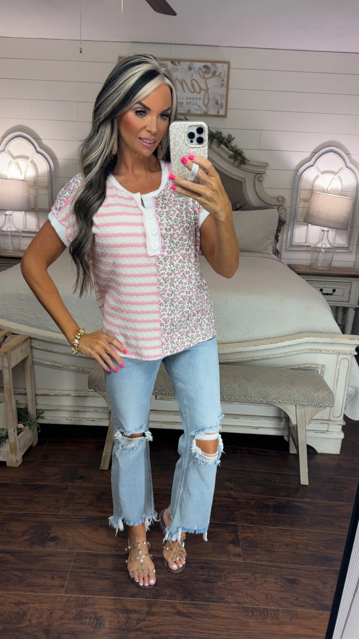 Blushing Garden Mixed Print Henley Top
