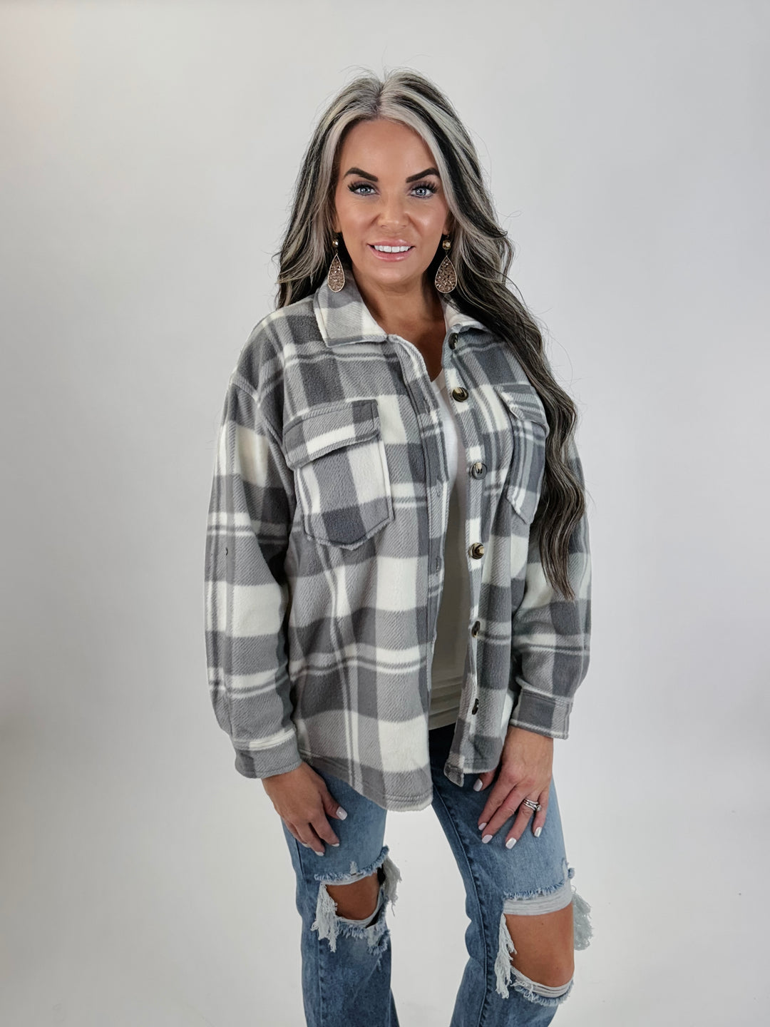 DOORBUSTER Long Sleeve Check Printed Fleece Shacket: GREY