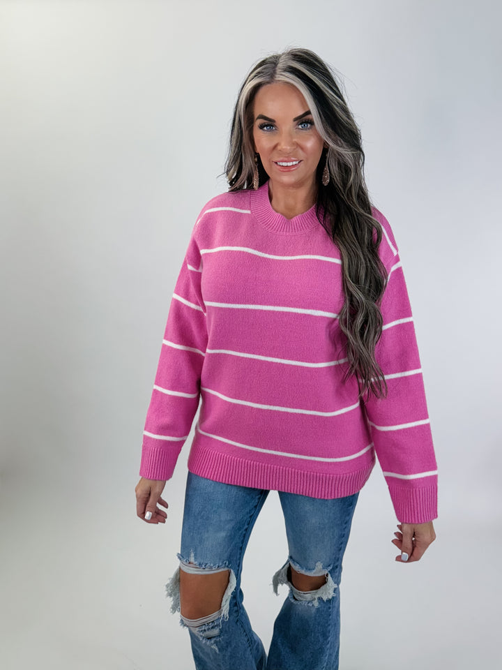 Striped Drop Shoulder Sweater -pink