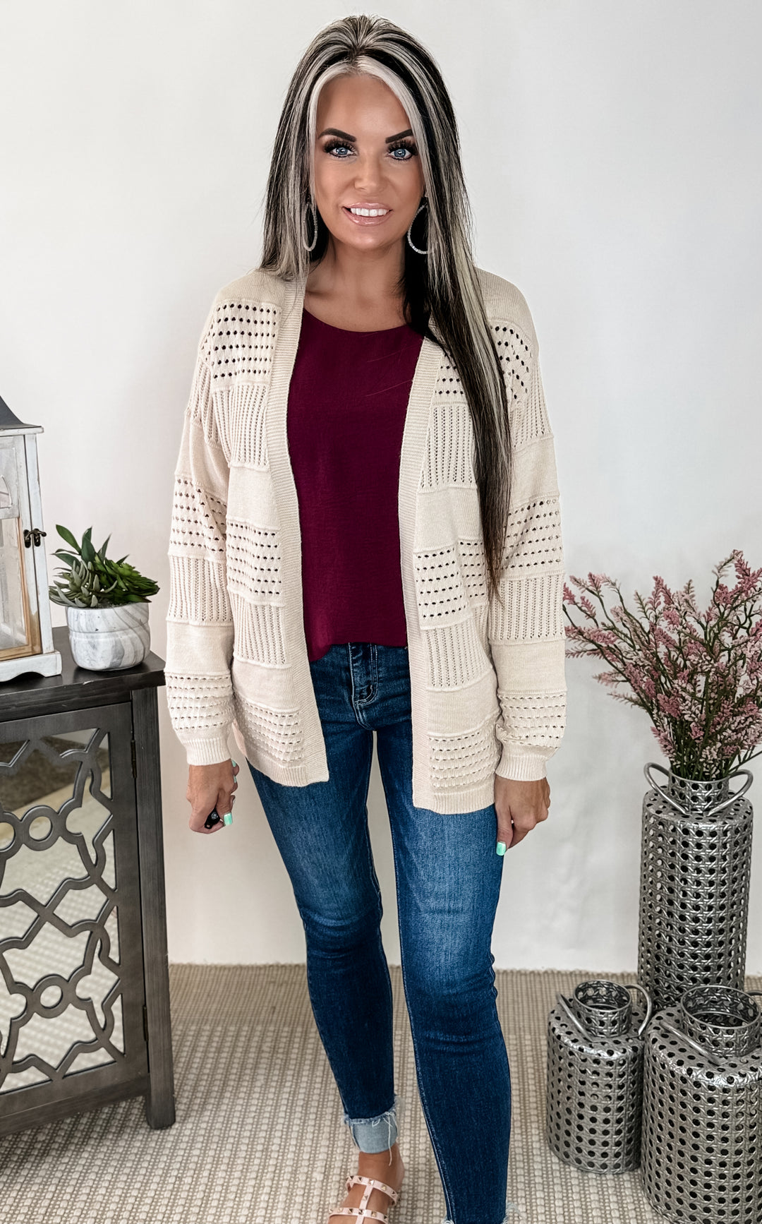 OPEN FRONT POINTELLE SWEATER CARDIGAN: OATMEAL