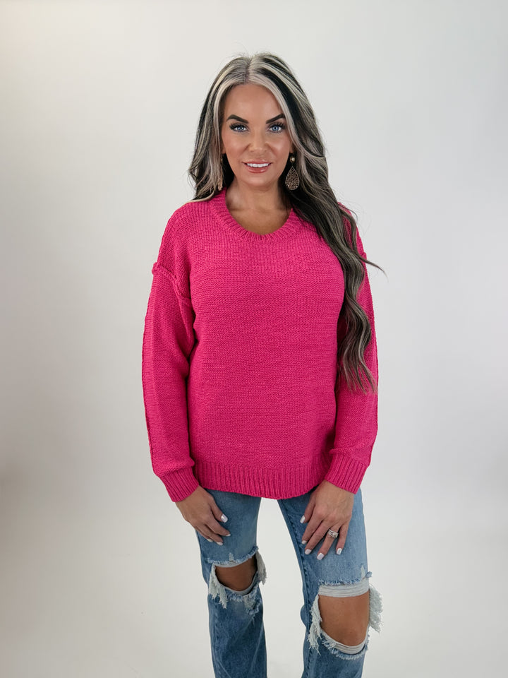 Exposed Seam Round Neck Sweater pink