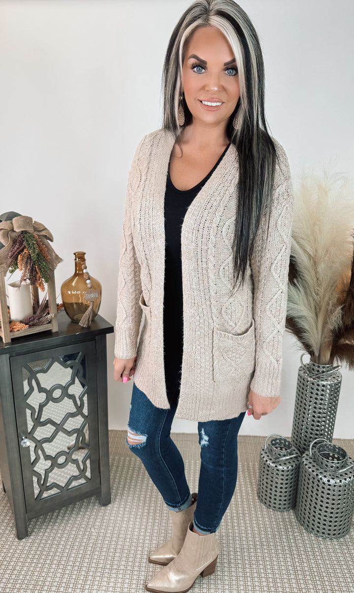 OPEN FRONT, CABLE CARDIGAN WITH POCKET- Beige