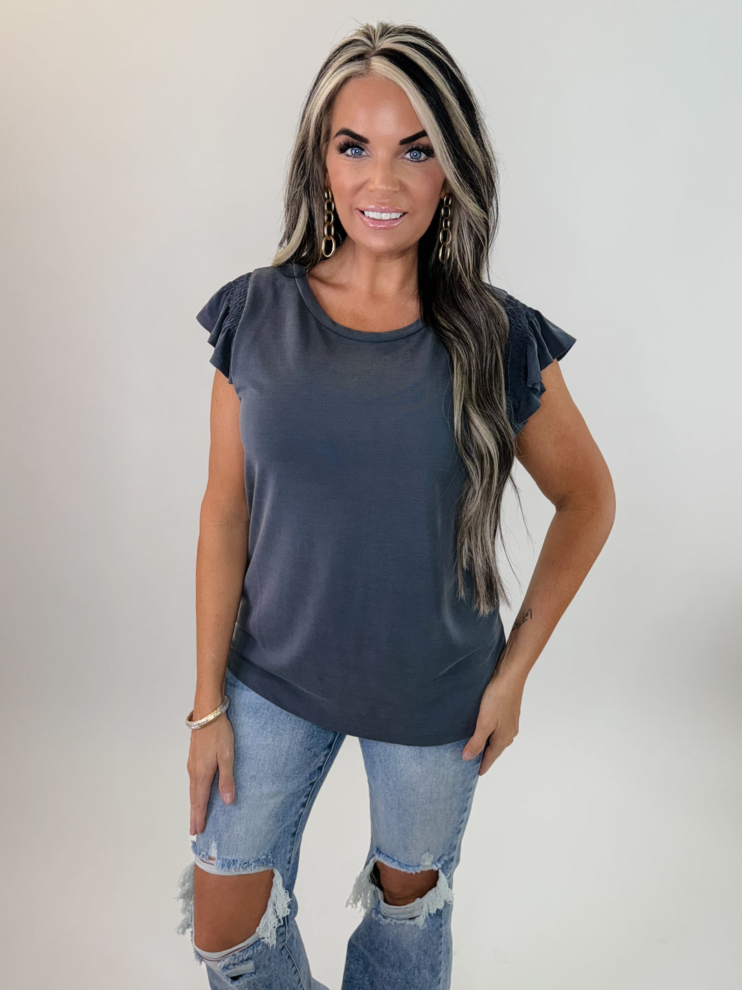 Grey Ruffle sleeve top from Lewis Lane Boutique 