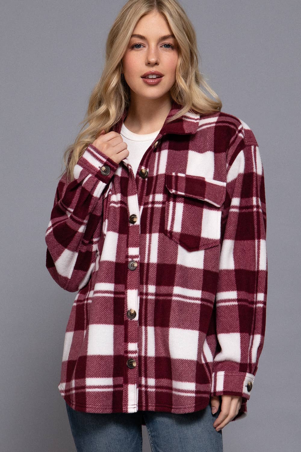 Check Printed Fleece Shacket-burgundy