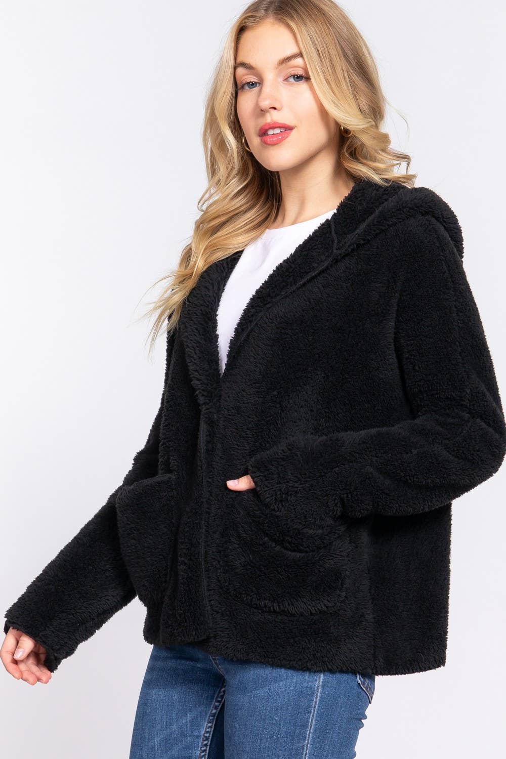 DOORBUSTER Long Dolman Sleeve Hoodie Sherpa Jacket: Blk-Black / L