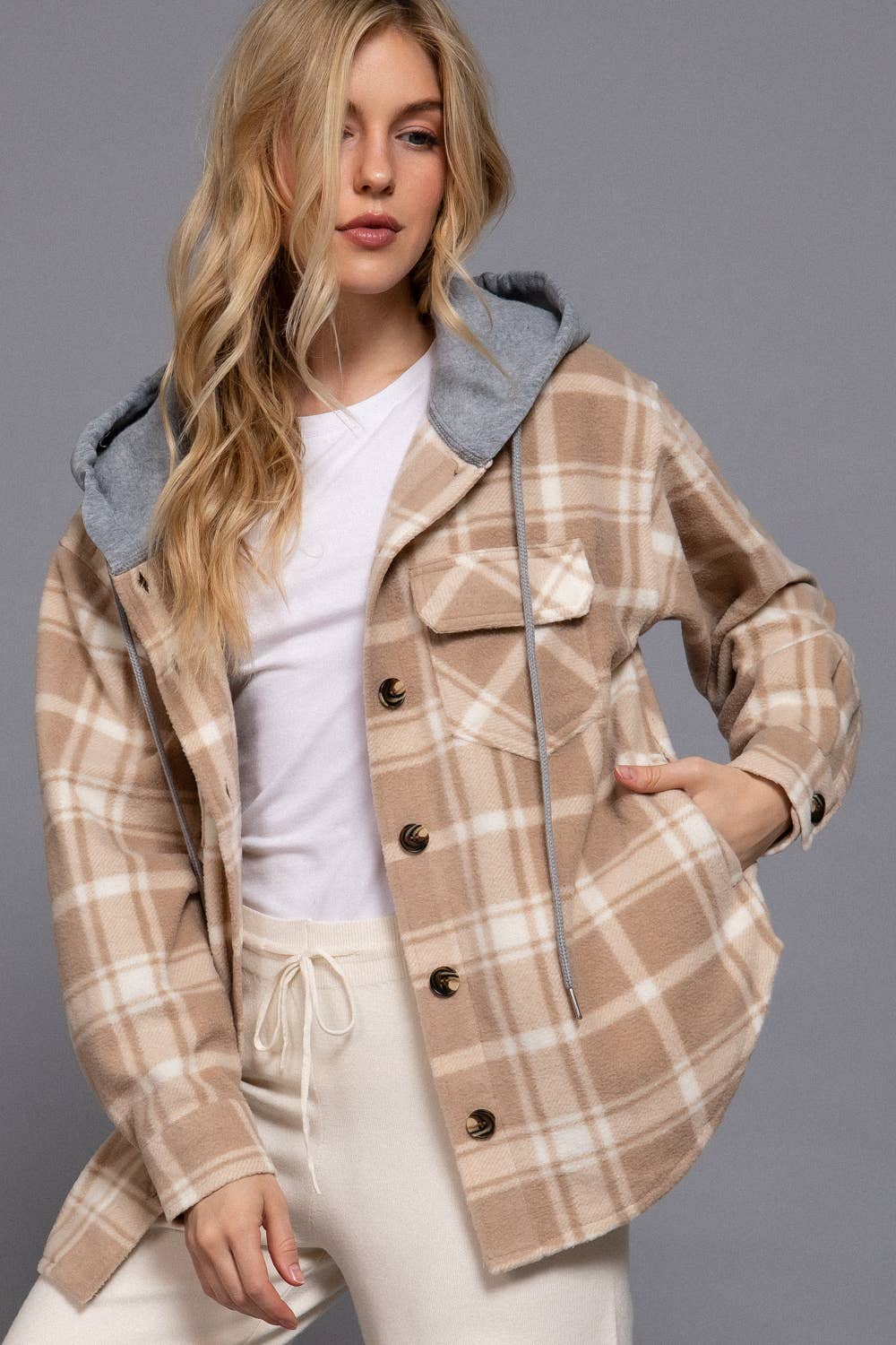 Plaid Button Down with Hoodie Fleece shacket:-mocha/ivory