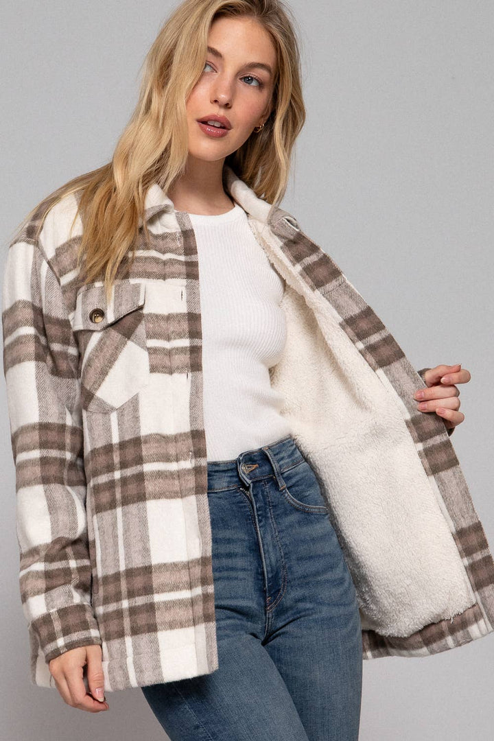 Long Sleeve Inside Faux Fur Brushed Plaid shacket