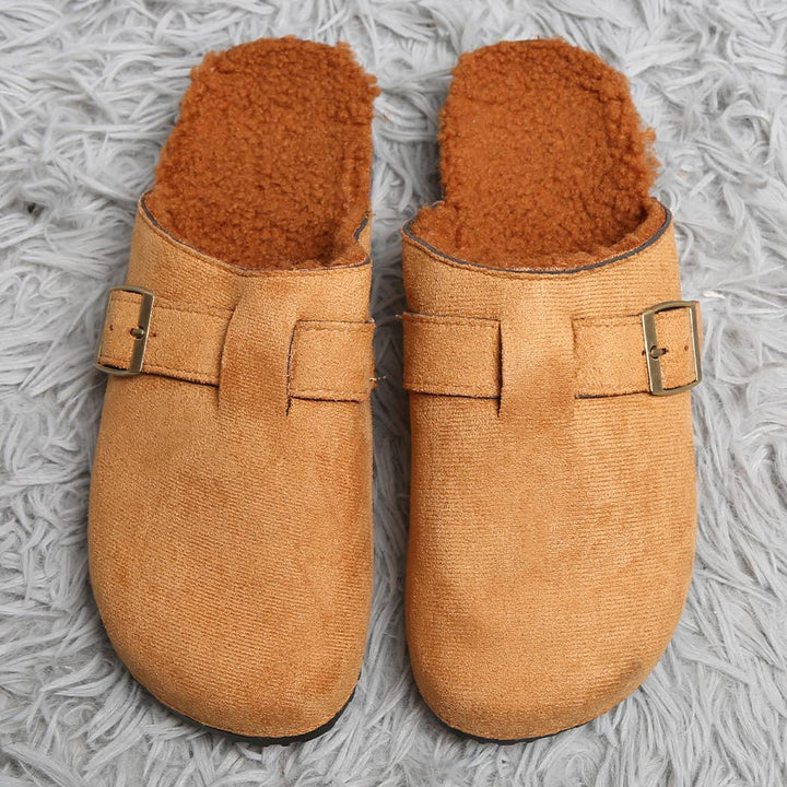 Solid Faux Fur Suede Buckle Mule Slippers: CAMEL / One Size