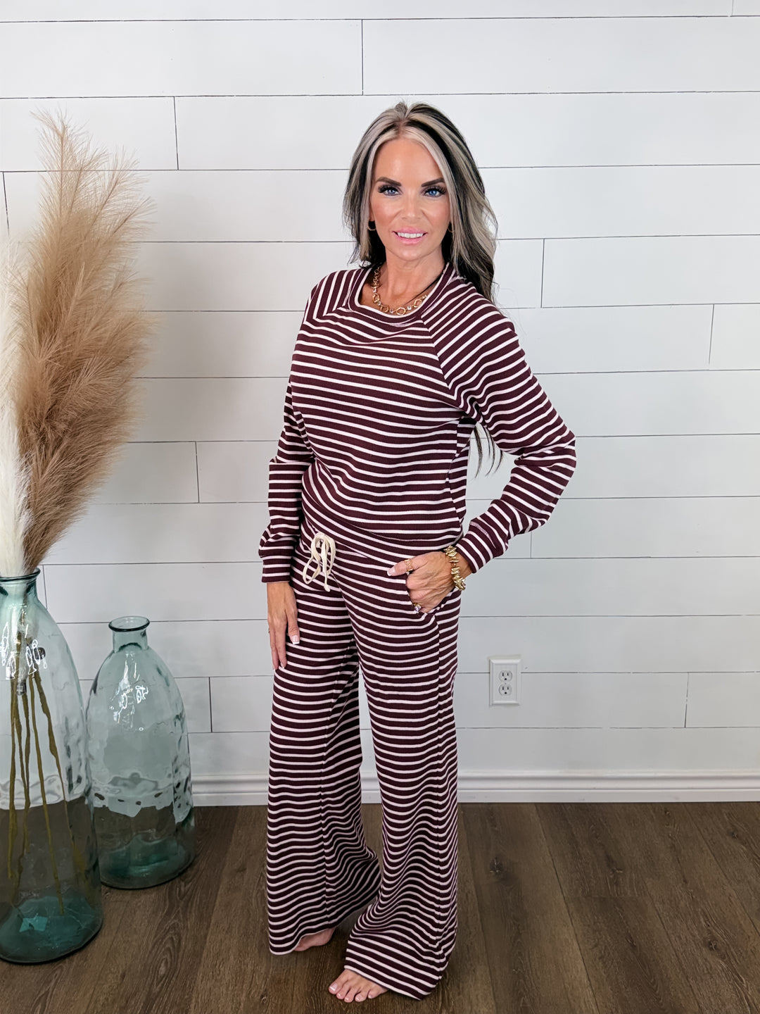 STAYING IN STRIPED LOUNGE SET- cherry