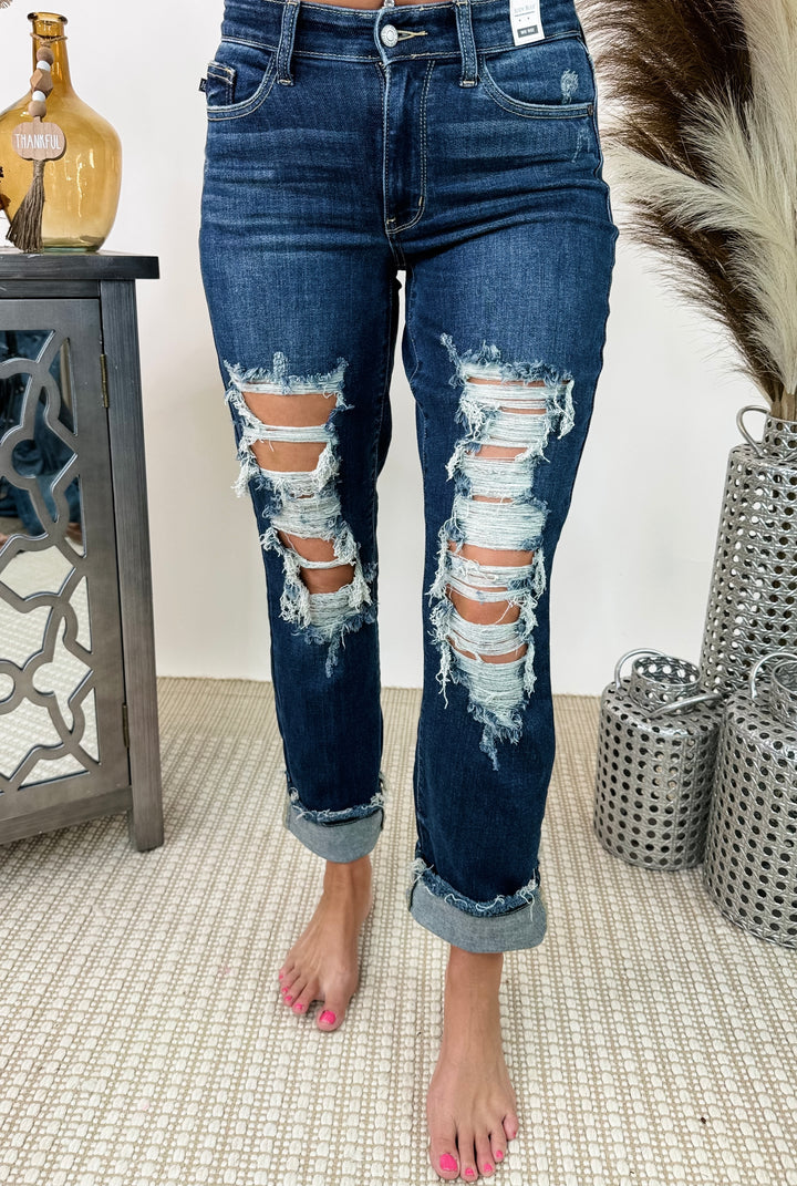 JUDY BLUE MID RISE HEAVY DESTROYED STRAIGHT JEANS