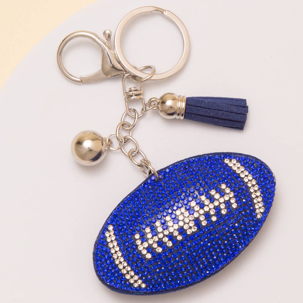 Gameday Rhinestone Pave Tassel Football Keychain: Blue
