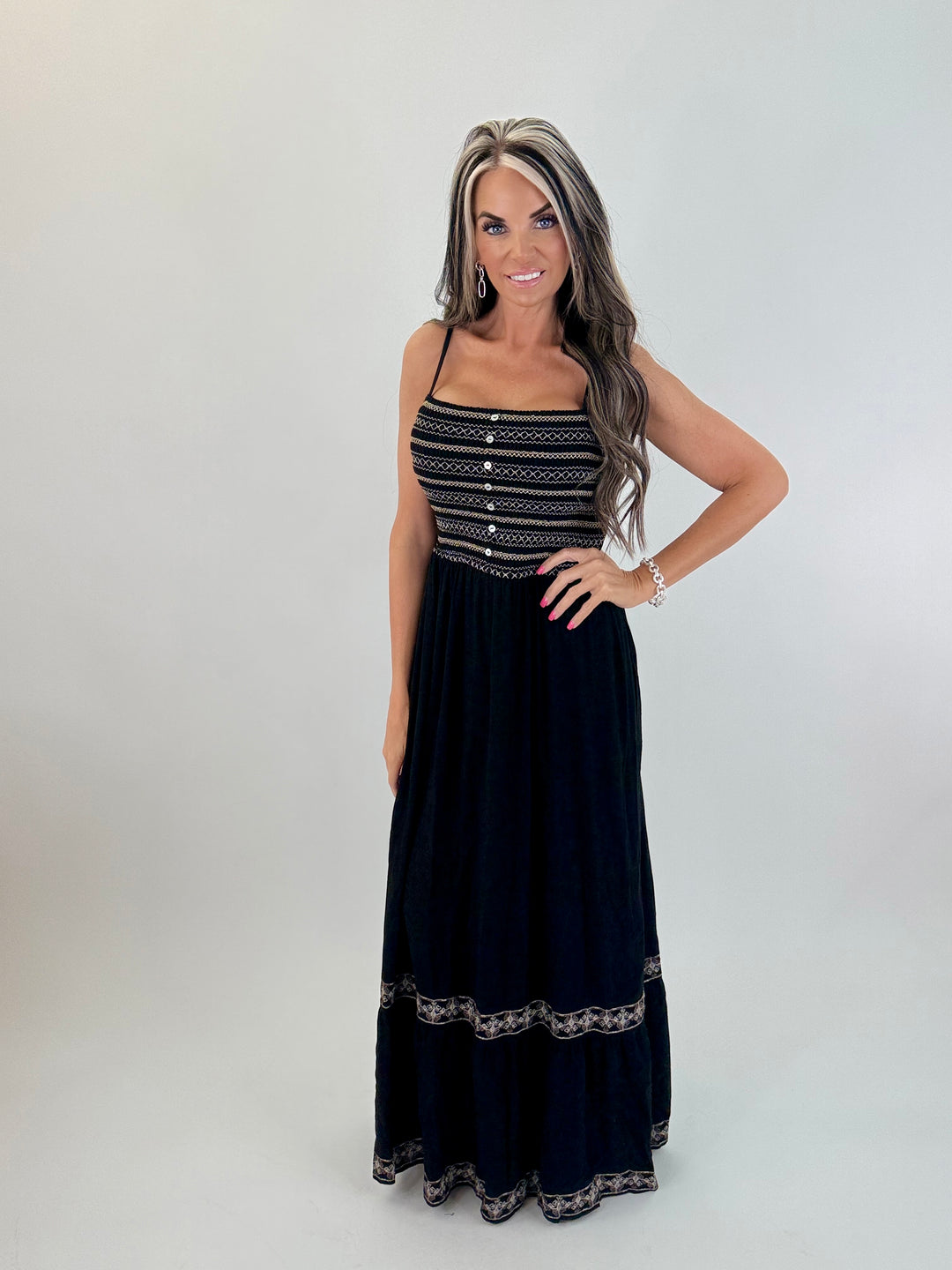 SMOKED DRIFT Away Smocked Maxi Dress - BLACK Lewis Lane Boutique SMOKED DRIFT Away Smocked Maxi Dress - BLACK Lewis Lane Boutique