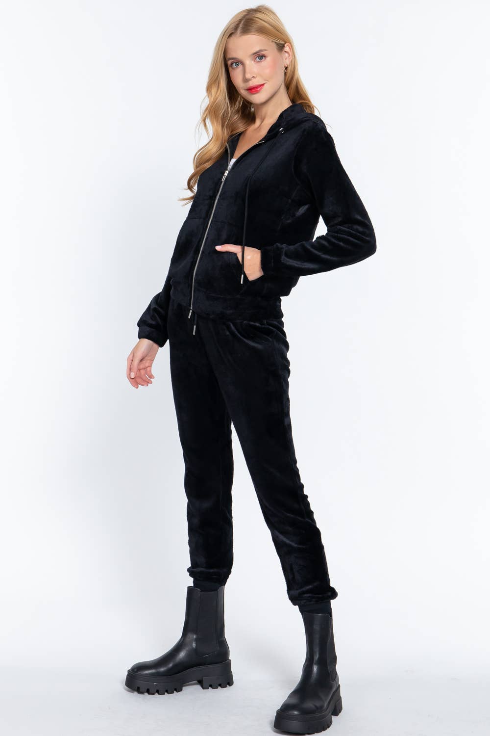DOORBUSTER Long Sleeve Faux Fur Hoodie Jacket & Jogger Pants Set: Blk-Black