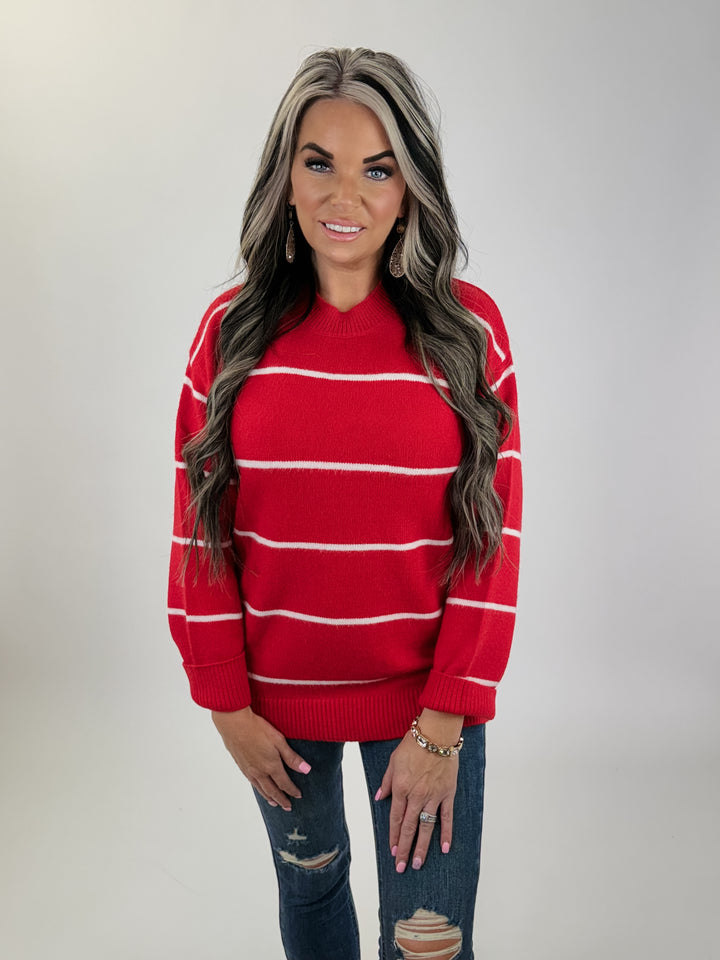 Striped Drop Shoulder Sweater -RED