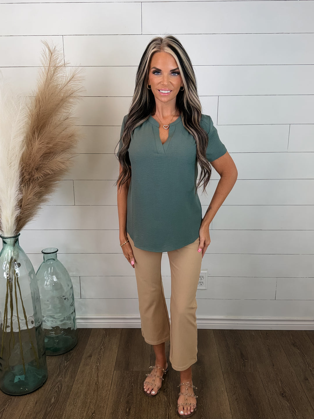 Quietly Polished Split Neck Top- Sage