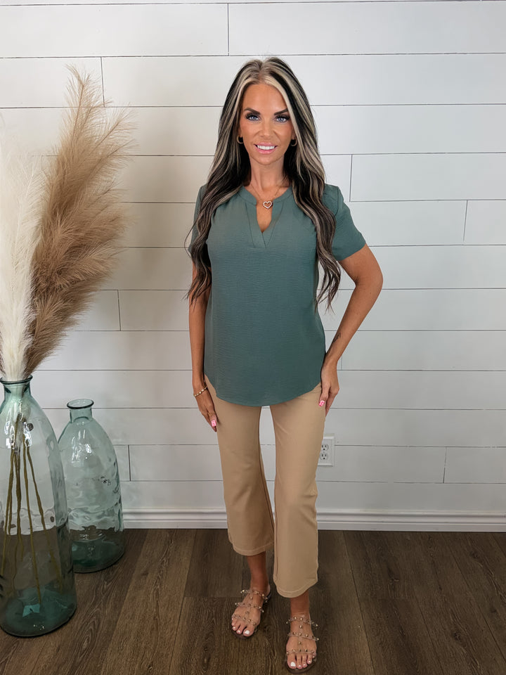Quietly Polished Split Neck Top- Sage