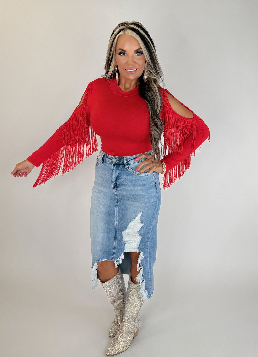 Reckless Rodeo Distressed Midi Skirt