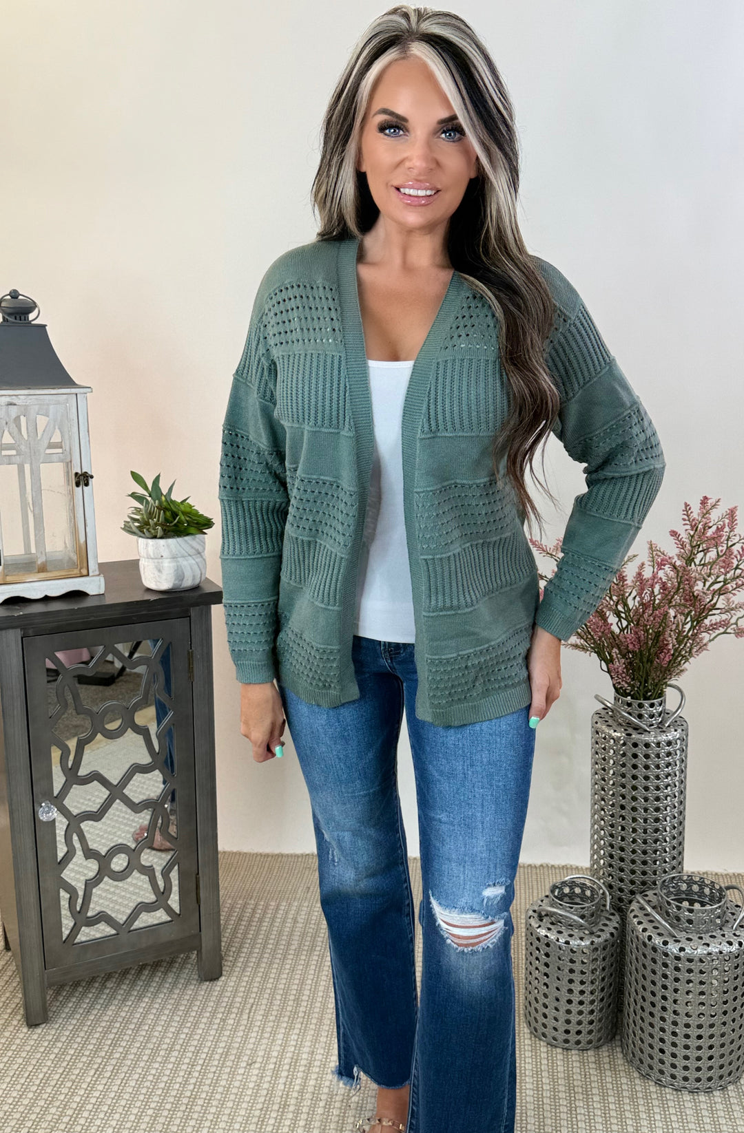 OPEN FRONT POINTELLE SWEATER CARDIGAN: JADE